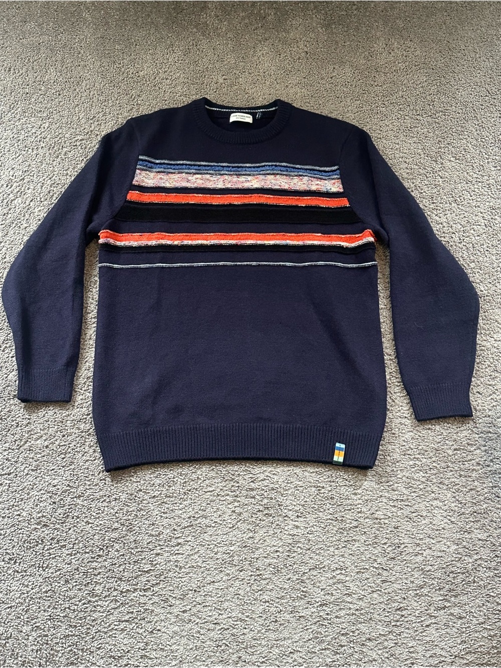 A Fish Named Fred Men's Navy Crewneck Sweater with Multicolor Stripe Detail